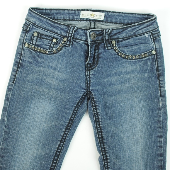 MISS CHIC Studded Fleur de lis rhinestone Jeans 3 - Picture 5 of 8